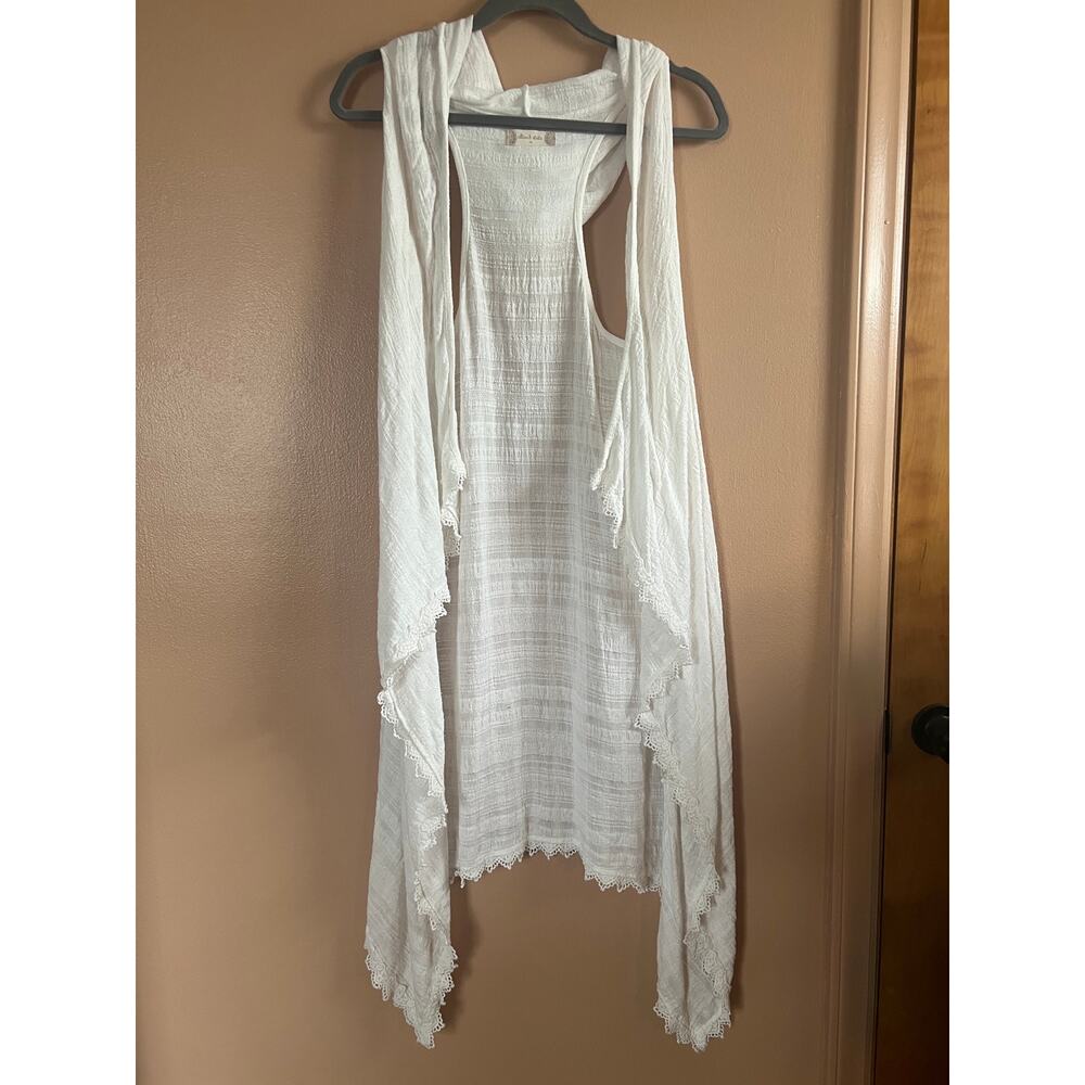 Altar'd State White Gauze Hooded Open Vest Crochet Lace Trim Boho Size M
